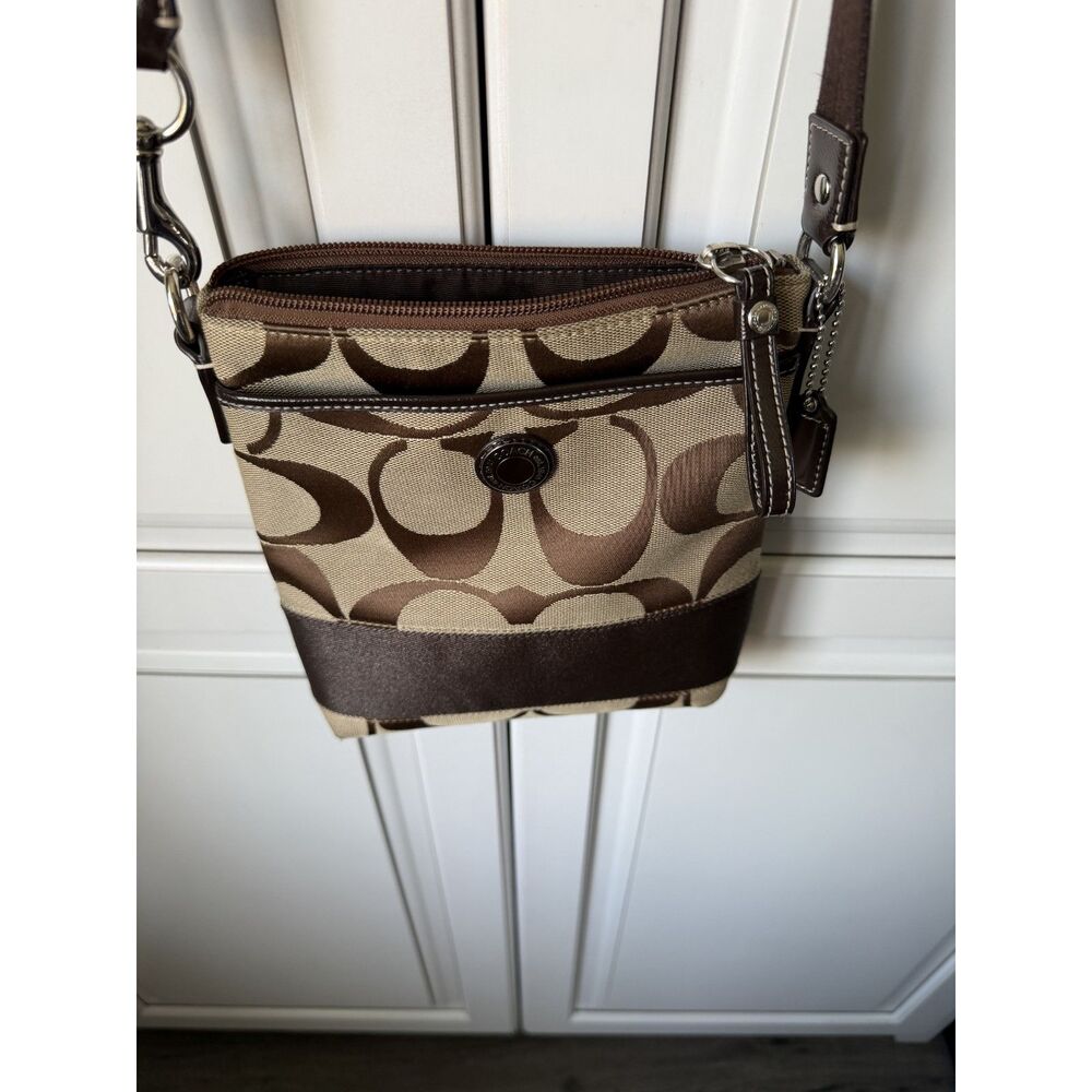COACH Signature Monogram Brown Jacquard Canvas Crossbody File Bag - Picture 3 of 4